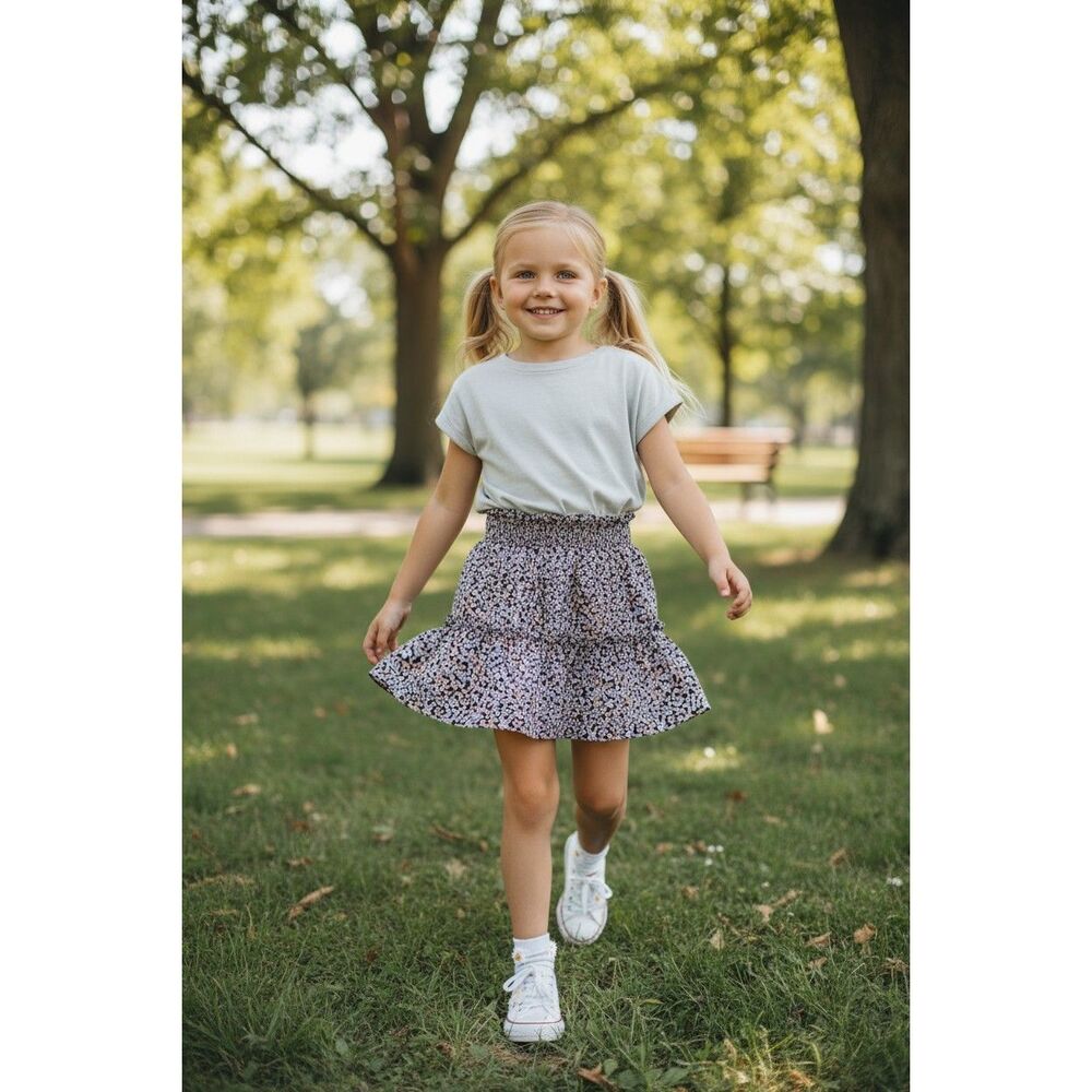 H&M Black Lilac Floral Smocked Tiered Mini Skirt Girls 10-12Y US 12/14